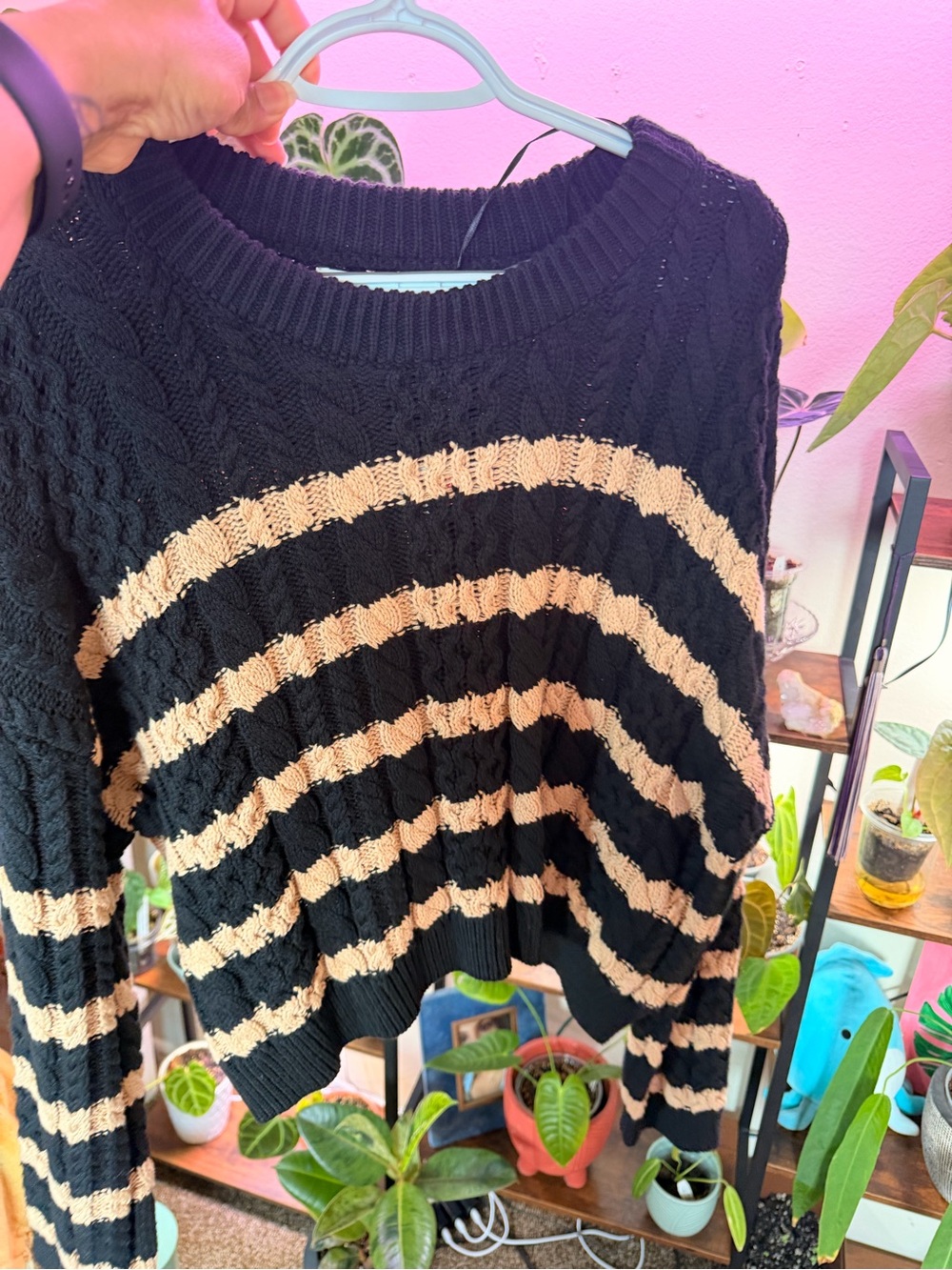 Black and Cream Striped Cable Knit Women's Sweater